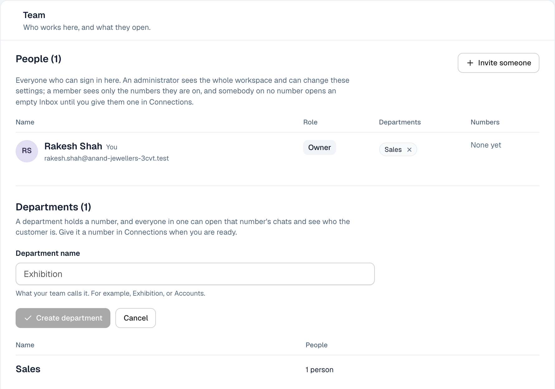 The add-a-department form open on the Team page, with a name field