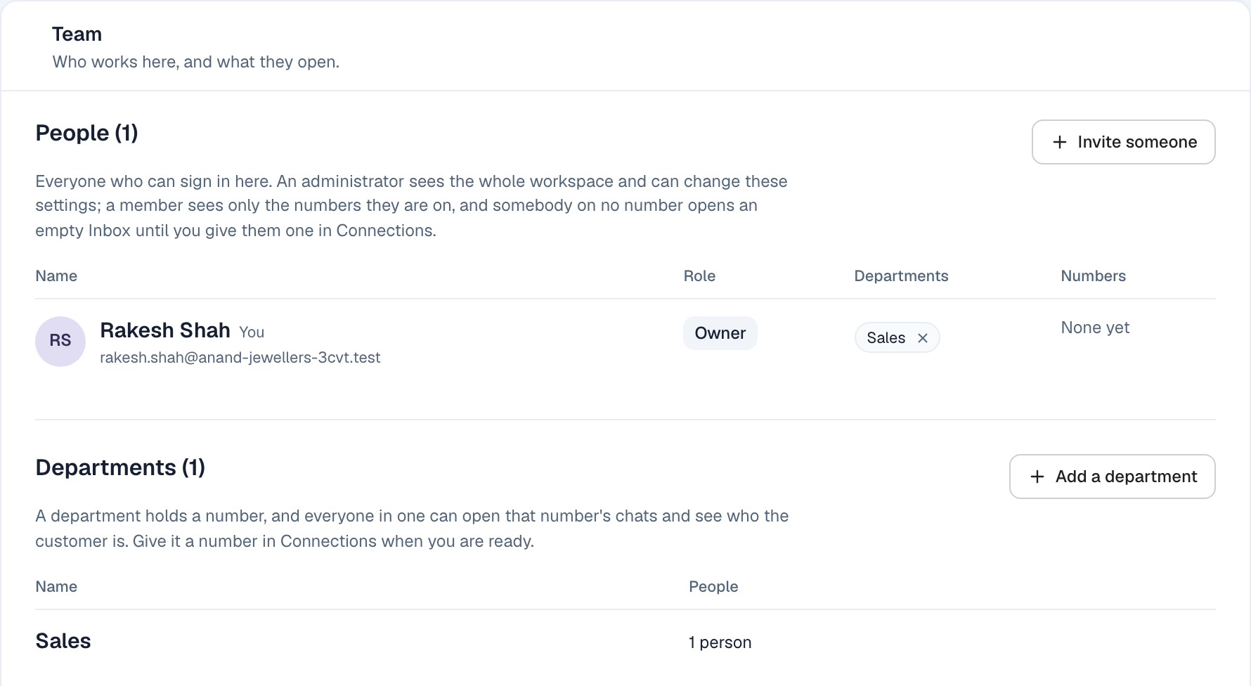 The Team page in Settings, with the Departments section below People