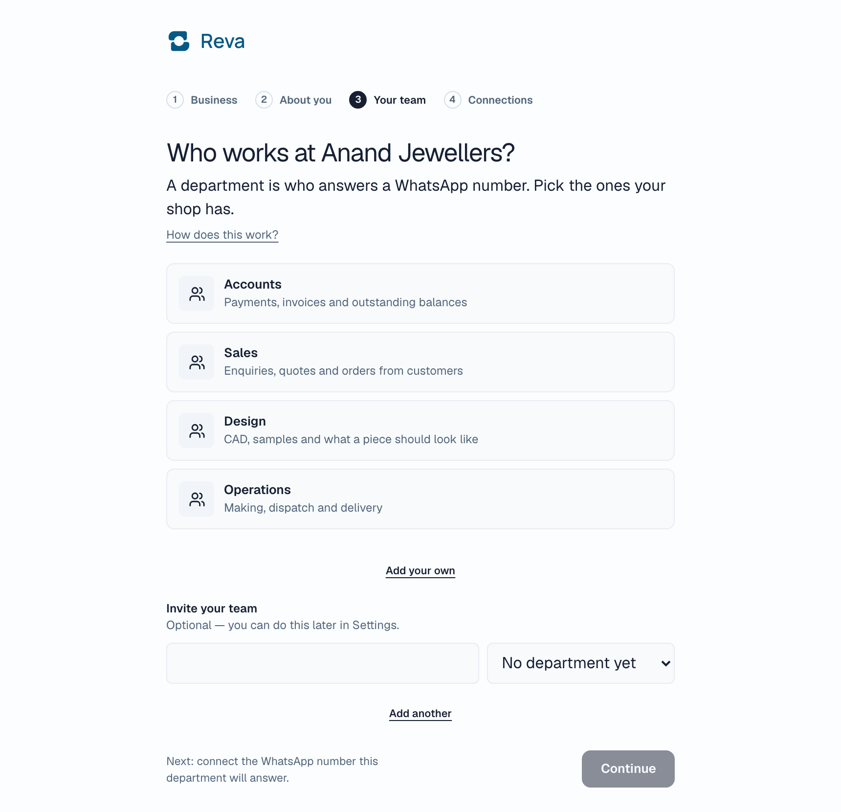 The Your team step, showing Accounts, Sales, Design and Operations as options
