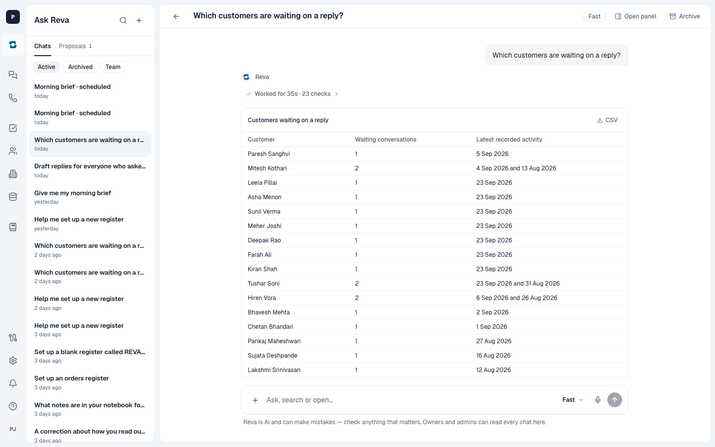 Ask Reva on the web, answering which customers are waiting on a reply, as a table