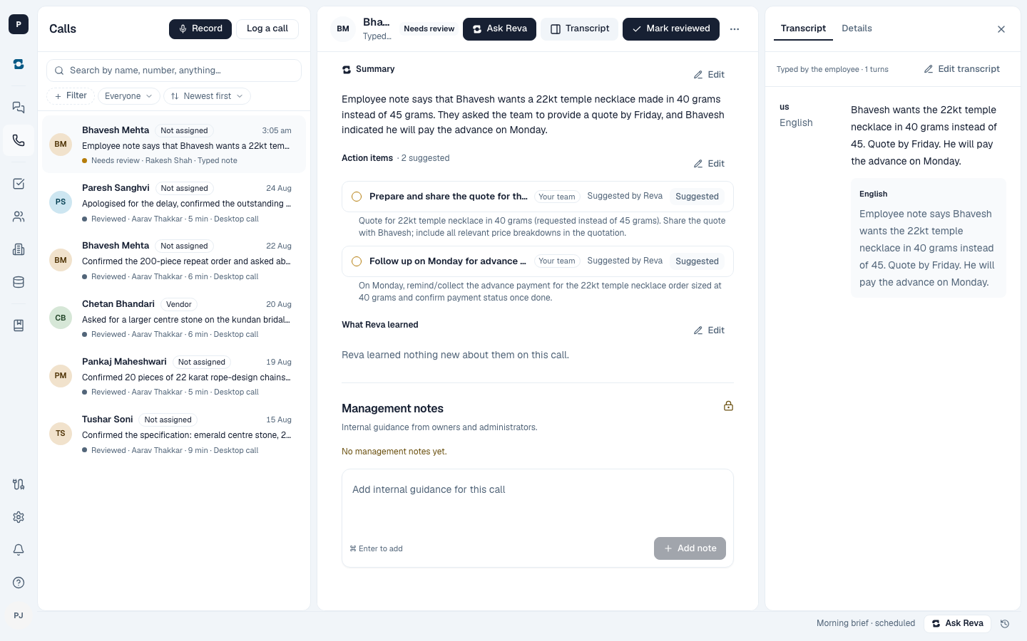 Calls on the web: a logged call with Reva's summary and the action items it found