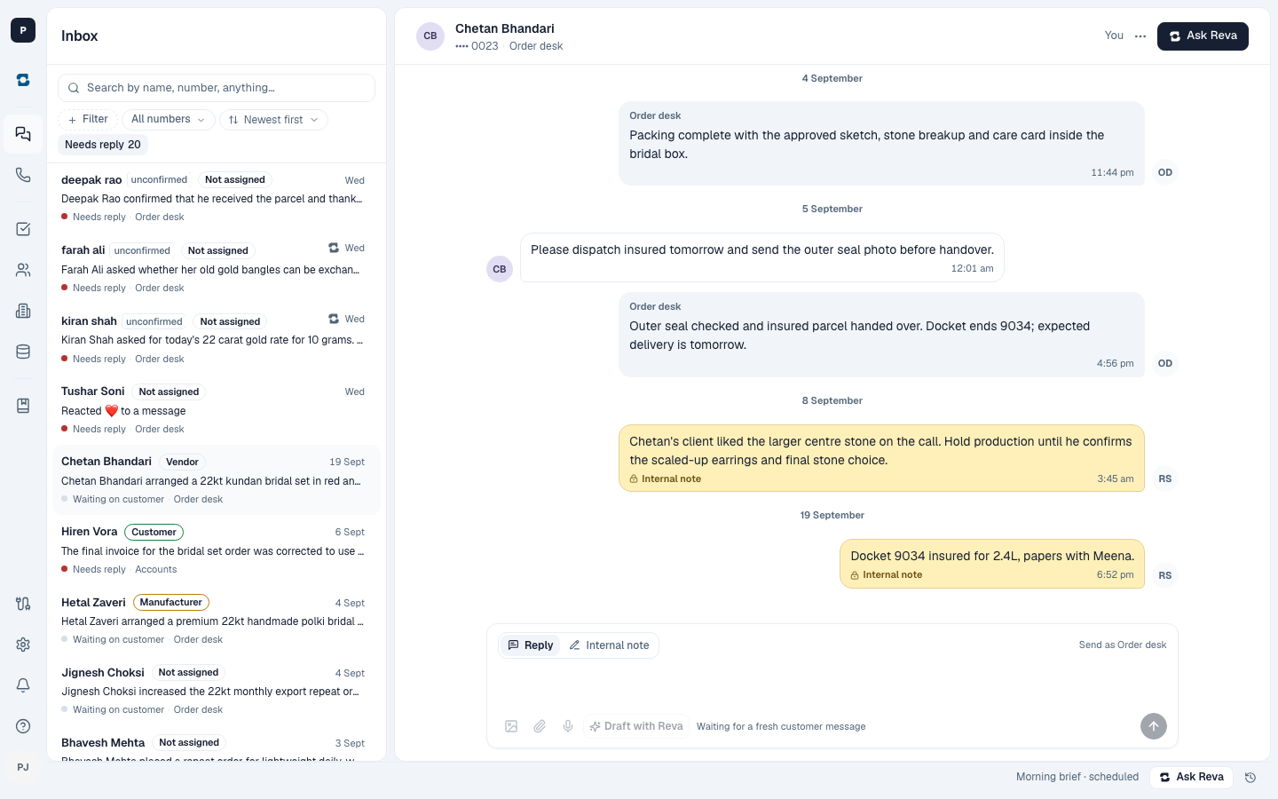 The Inbox on the web: every number's chats on the left, an open conversation with its internal notes on the right