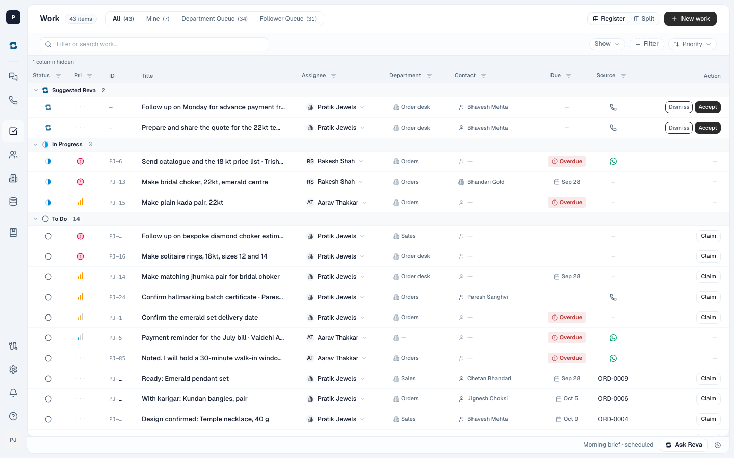 Work on the web: work Reva found in a call waiting to be accepted at the top, then work in progress and to do, each with an owner, department and due date